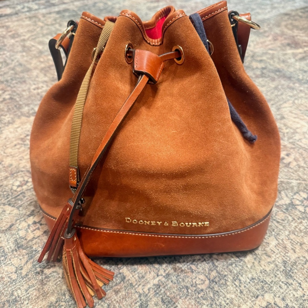 Dooney & Bourke Honey Ginger Suede Drawstring Bucket Bag Brown Leather Trim
